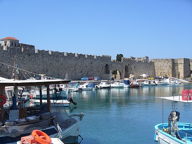 Rhodes city walls and harbor.