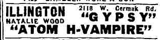 A brilliant scientist restores the beauty of a stripper horribly disfigured in a car accident. First off, it’s Atom Age Vampire, not what the hard-of-hearing copy editor wrote down. Second, now that I hear the plot, this actually isn’t that horrifying a double-bill after all. Chicago Tribune, Sept. 8, 1963.