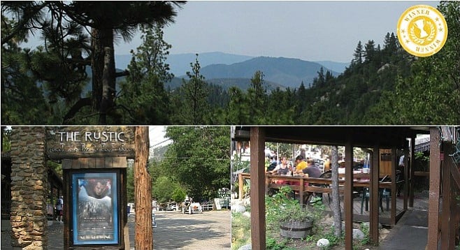 Clockwise from top: view on the hike near Idyllwild; the town's historic Rustic Theatre; Restaurant Gastrognome patio.