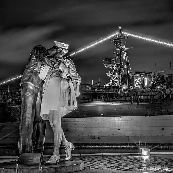 Seemed right to be in black & white...
5 shot HDR of the 25 foot tall "Unconditional Surrender" sculpture By Seward Johnson & the Aircraft Carrier Midway in San Diego   4▫7▫2015 D.Warner
