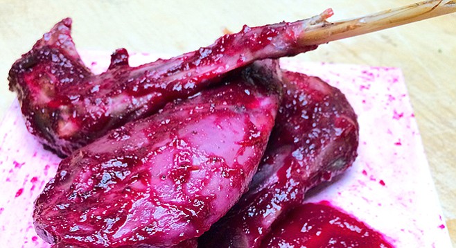 Roasted rabbit legs with a spicy prickly pear sauce