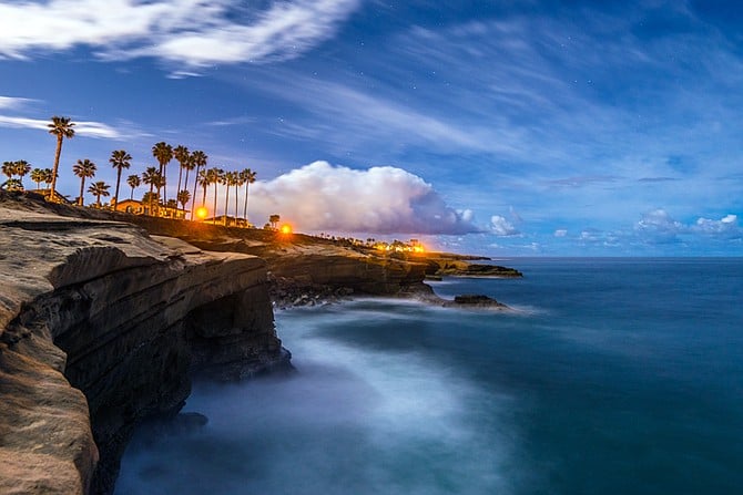 Sunset Cliffs under the night sky.