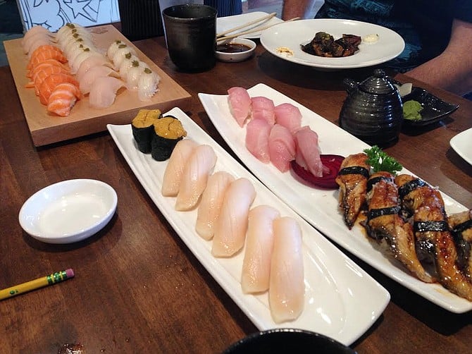 A partial view of our colossal first round of nigiri