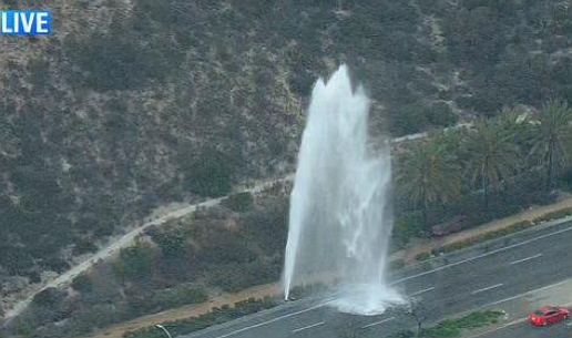 A ruptured Chula Vista hydrant. The mob reportedly took refreshing, high-pressure showers before donning bathrobes and flip-flops and fleeing into the hills.