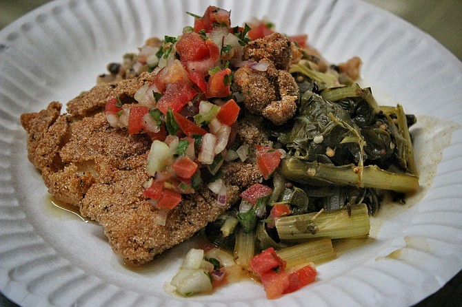 Fried catfish, with a local take on mustard greens