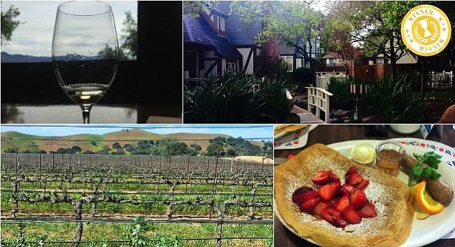Clockwise from top-left: tasting the Gewürztraminer at Firestone Vineyards; a little Danish charm at Solvang's Wine Valley Inn; Danish pancakes at Paula's; views for days at Firestone.