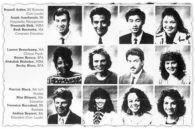 1990 USIU class photo. Binladen second row, third from left. The school catered to wealthy students from Saudi Arabia, Kuwait, and other Middle Eastern countries.