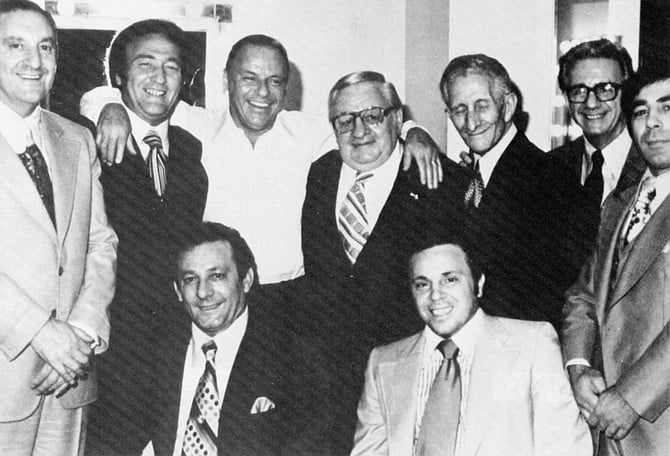 Sinatra and the mob. Top row: Paul Castellano, Gregory De Palma, Frank Sinatra, Thomas Marson, Carlo Gambino, Jimmy Fratianno, Salvatore Spatola; bottom row: Joe Gambino, Richard Fusco