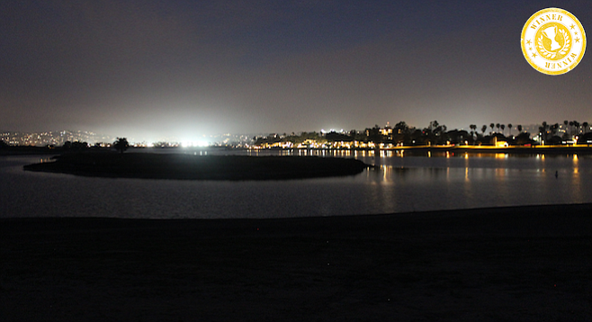 Nighttime San Diego gets a fresh vantage point from Mission Bay's Fiesta Island.