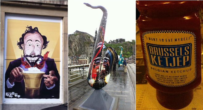 Left to right: Adolph Sax mural in Dinant; saxophones on the bridge crossing the Meuse; funny ketchup at 'T Kelderke in Brussels.