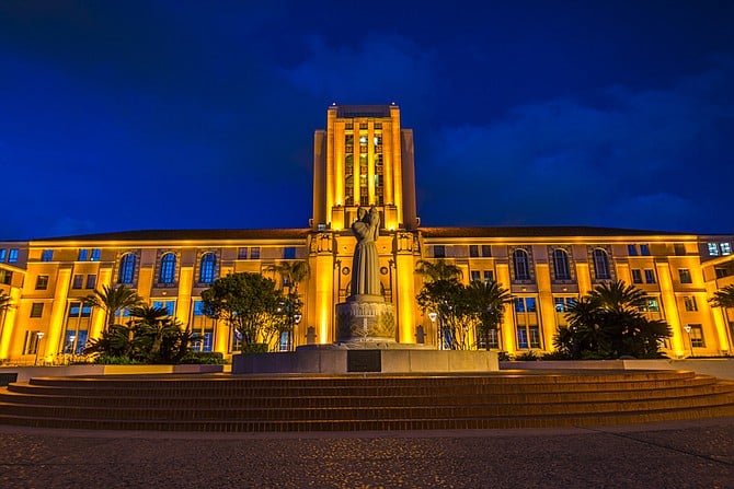 The San Diego County Administration Building and The Guardian of Water statue.