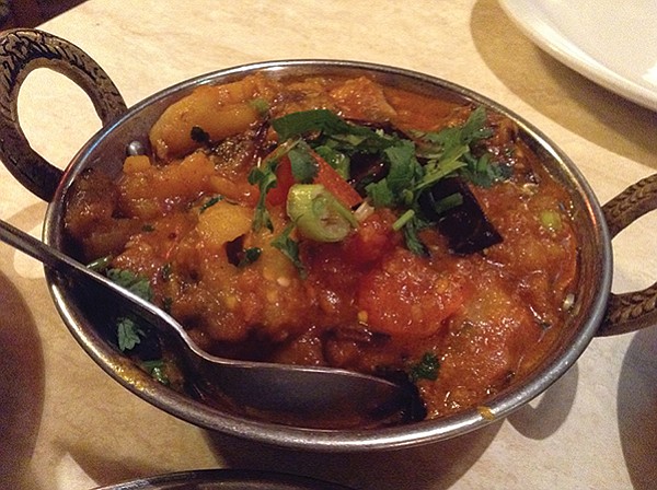Aloo bhanta with eggplant, potatoes in Himalayan curry sauce