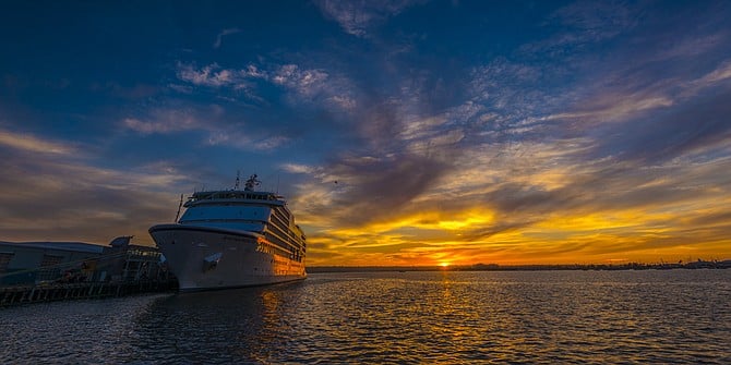 The San Diego Harbor Front and Cruise Ship Terminal at sunset.