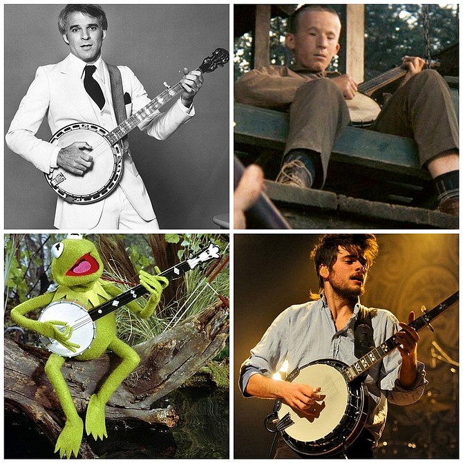 One of These Things is Not Like the Others: clockwise from upper left: comedic musician Steve Martin, inbred porchdweller from Deliverance, folk rock phenomenon Mumford & Sons, felt swamp denizen Kermit the Frog.