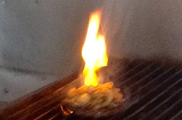 My Rooster Burger gets the full flame treatment