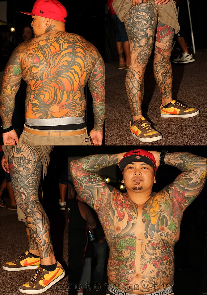 Chris Yepez sports a "Yakuza" style full body-suit tattoo ensemble.  He gives credit to his artist, Greg Nicola, from Armored Ink located in Lake Elsinore.  Yepez is a San Diego native and his body art was showcased at a Balboa Park museum.