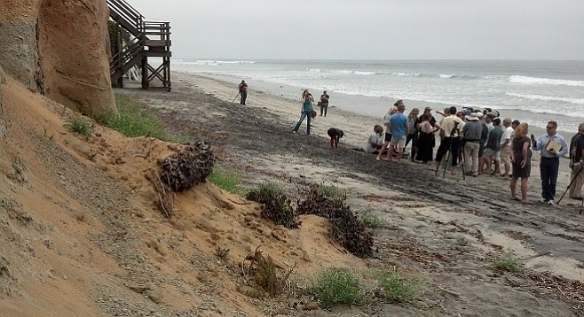 Surfrider members and local landowners opposing them vie for media attention in front of a crumbling bluff next to the Lynch and Frick properties