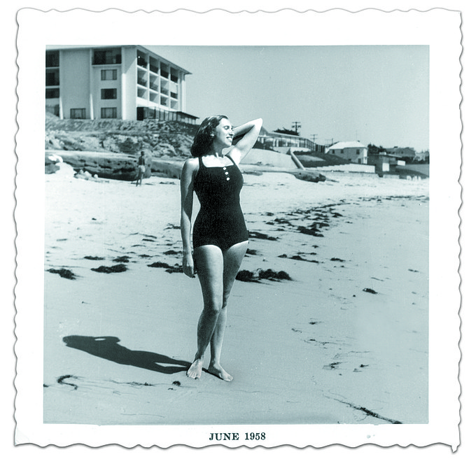 Eleanor Widmer in La Jolla, 1958. "I would see Kingsley and Eleanor in swimsuits walking down to the ocean from time to time, and they looked like models."