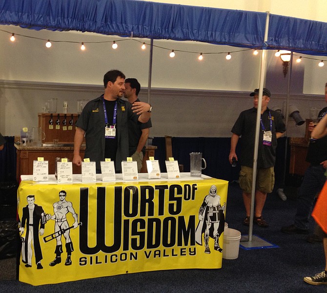 Members of Silicon Valley homebrewers club Worts of Wisdom serves homebrew on the NHC expo floor.