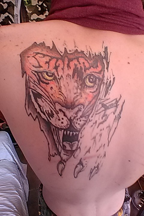 I guy this tattoo to help bring out my inner spirit, which is a tiger. Also I've loved tigers since I was young. I always had a stuffed animal tiger,, tiger blanket and pictures.  It helps me feel safe and gives me the courage to get tough every day. My tattoo is my pride and joy. 