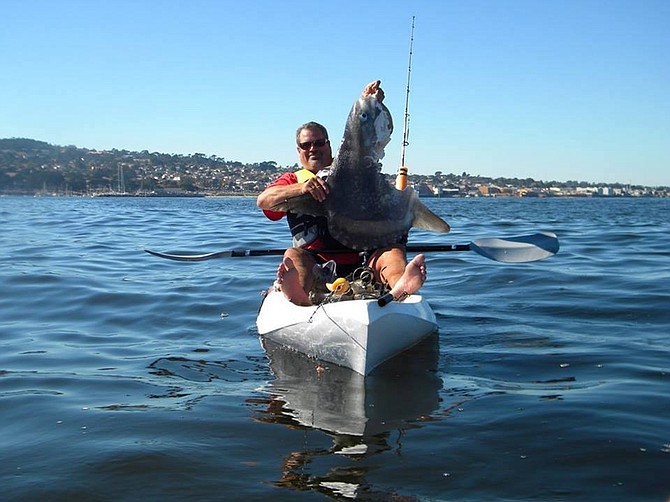 Avid kayak angler Craig MacDonald from Carmel holding a smallish mola with a big bite out of it. Craig said the
sunfish was still alive when it, and the missing chunk, floated up nearby. Notice his feet safely inside the yak as opposed to the "over the side for balance" posture one usually uses when holding up a fish for a shot.