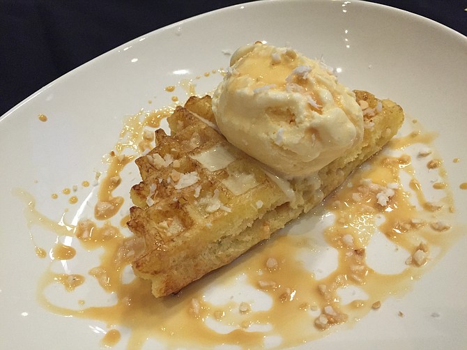 Coconut Yucca Waffle with sweet corn and caramel ice cream