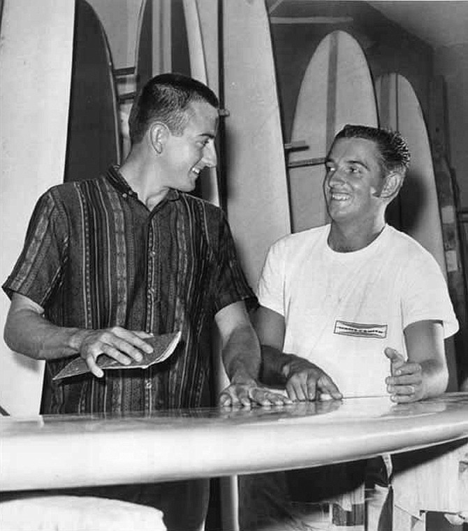 Larry Gordon and Floyd Smith. By the fall of 1959, Gordon and Smith were making and selling boards out of the garage at Smith's apartment (in an alley off Balboa Avenue, between Grand and Garnet).