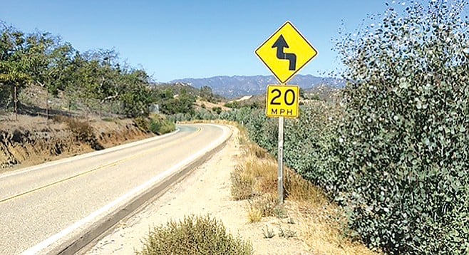 The curvy road from Fallbrook to De Luz is posted at 20mph.
