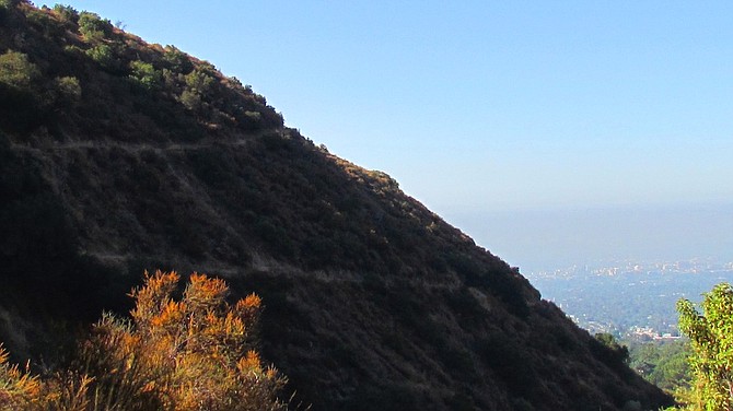 Trail to Mt. Echo on the left, Altadena and Pasadena on the right.