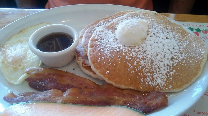 Classic pancakes, eggs and bacon at Centifonti's  Restaurant.