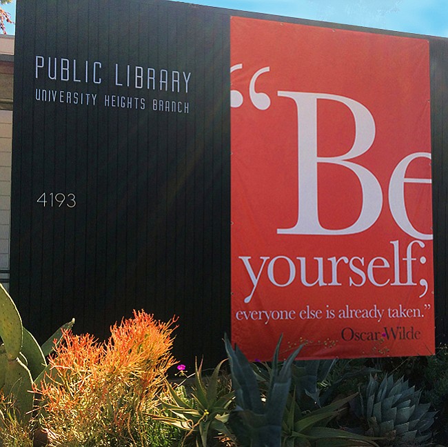 University Heights Branch Library with Oscar Wilde quote banner