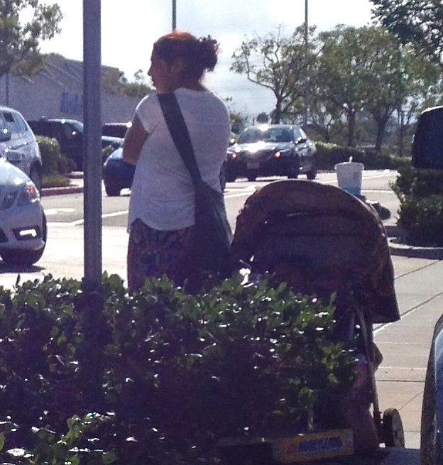 Woman begging with child in Target parking lot entrance in Clairemont on Friday, July 3, at 5 pm. Item given to her by someone stashed in bushes.