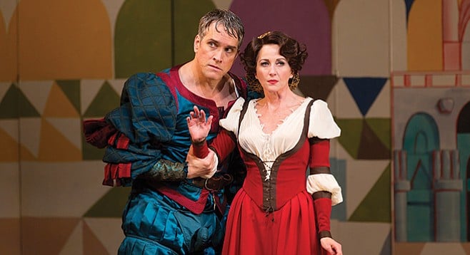 Mike McGowan as Petruchio and Anastasia Barzee as Kate in the Old Globe co-production of Kiss Me, Kate.