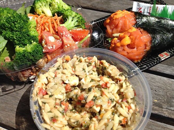 Pesto orzo salad, spicy salmon hand rolls, and spinach salad