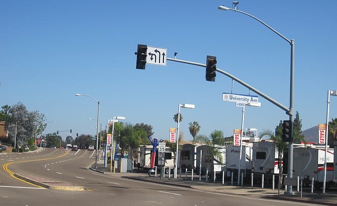 Baltimore Drive at the corner of University. In the distance (far right) is a signal light. The right turn leads to I-8 east; the left turn to El Cajon Blvd.