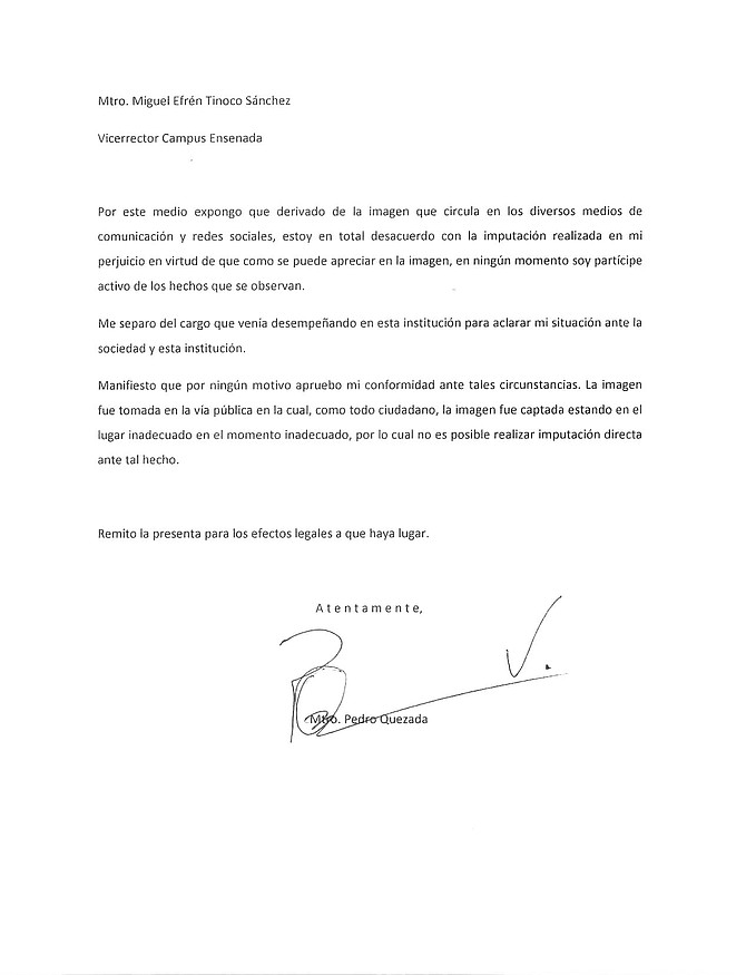 Letter of resignation presumed to be signed by Pedro Vázquez