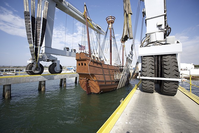 San Salvador gets ready for its bath. Photo by Jerry Soto, San Diego Maritime Museum