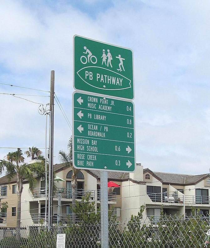 PB Pathways direction signs on Crown Point Dr at Pacific Beach Dr.