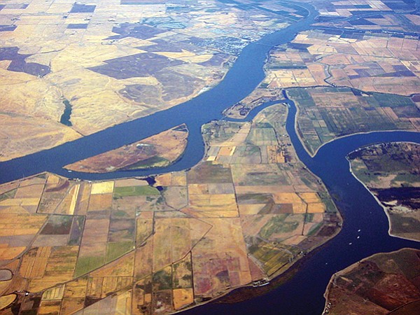 The Delta viewed from above Sherman Island, with the Sacramento River above and San Joaquin River below