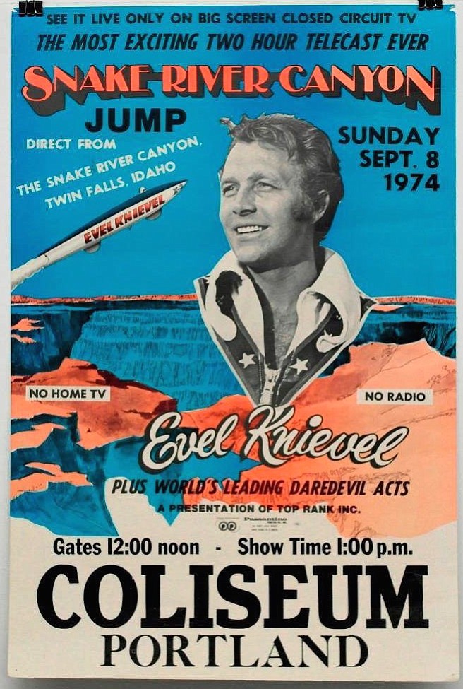 Advertisement for closed-circuit simulcast of the Snake River Canyon jump. September 8, 1974.