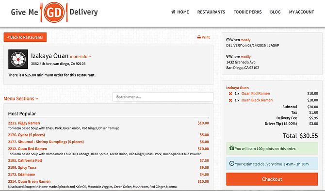 Working with the Give Me Delivery interface to get some ramen