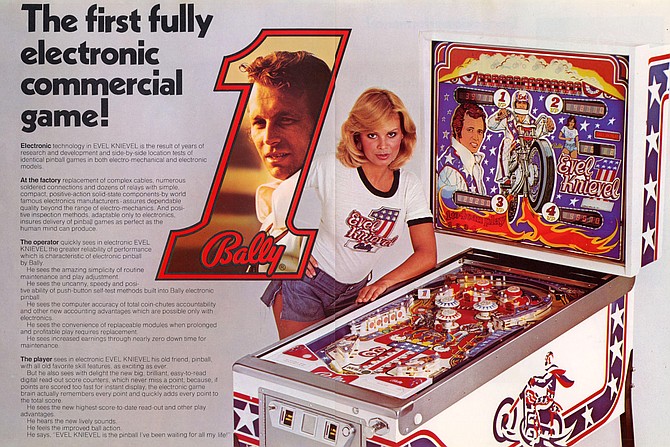 Ad for Bally's Even Knievel pinball machine.