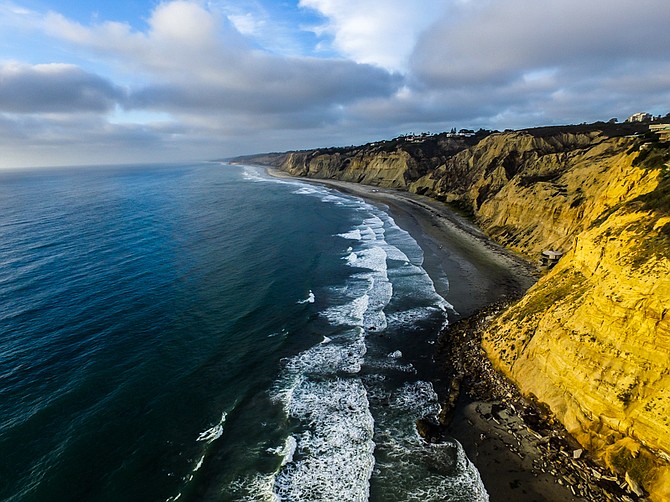 An aerial perspective of the Pacific Ocean and Blacks Beach.