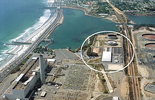 Carlsbad desalination plant (circled) is next to the Encina Power Station.