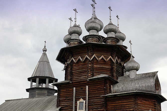 Close-up of wooden shingles on onion domes