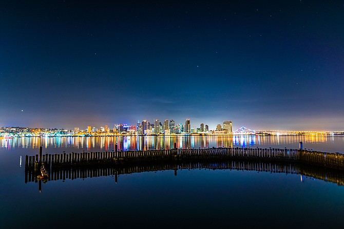Stars in the morning sky over the San Diego Bay.