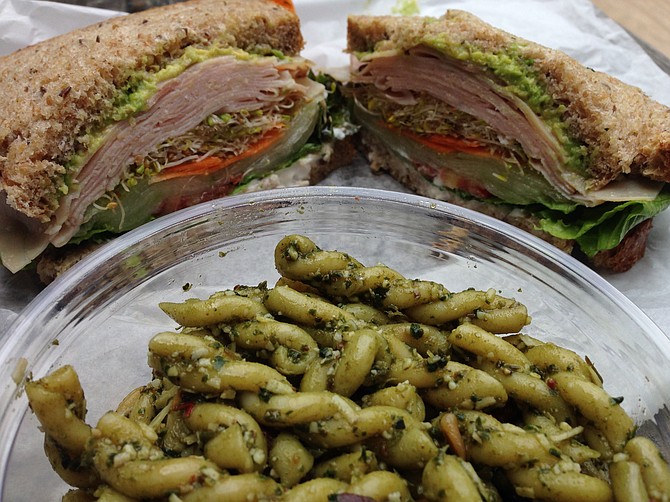 A nice spiral on that pasta and unnecessary ham added to the shaved-vegetable sandwich