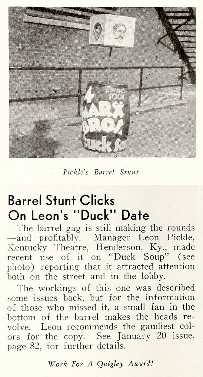 The old barrel gag! SHOWMEN'S TRADE REVIEW, April 21, 1933.
