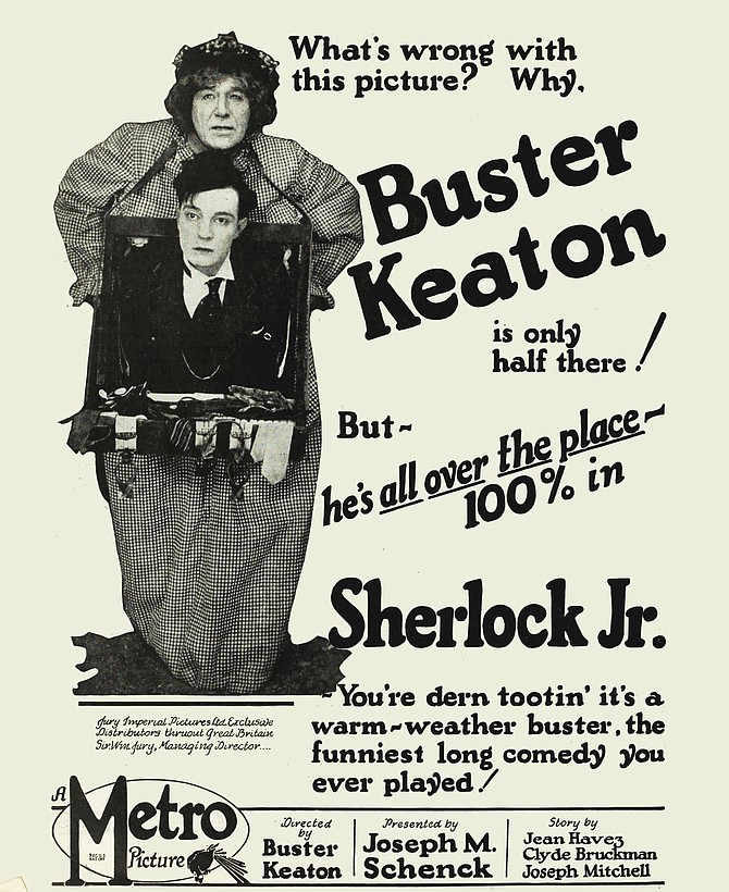 Trade ad highlighting one of the many spectacular stunts featured in SHERLOCK, JR. THE FILM DAILY, May 16, 1924.