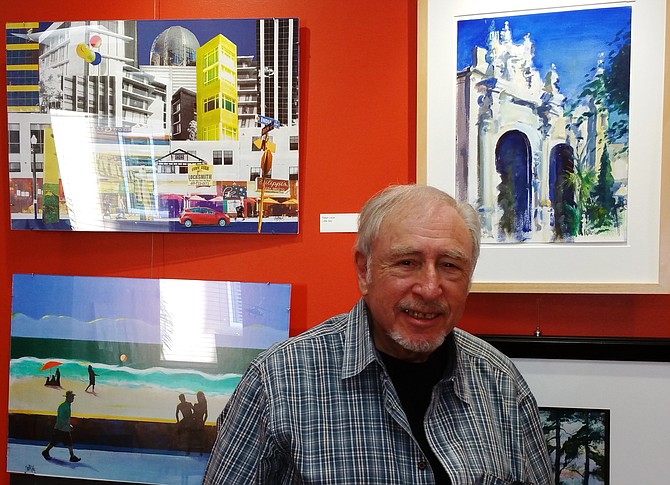 Ralph Lazar stands in front of his winning entries that will be used as cover art for the San Diego Poetry Annual 2015-16.  (photo credit -- Seretta Martin)